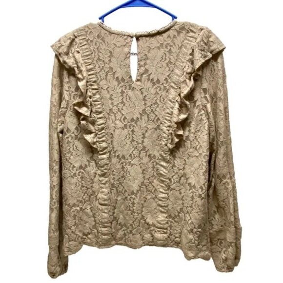 Cable & Gauge Lace Blouse Women's Medium Tan Sheer Ruffled Sleeves Front Boho - Picture 2 of 9